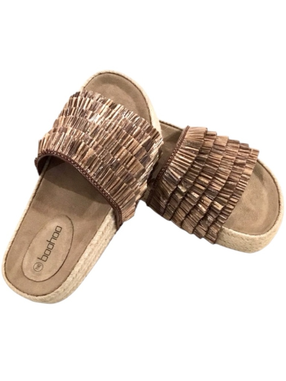 Boohoo Women’s Slide Sandal Brown Raffia Platform Espadrille Slip-on Size-7 NEW